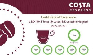 Certificate of Excellence for our Costa Coffee Machine