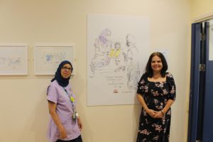 karen and staff member with artwork drawn during COVID-19 pandemic