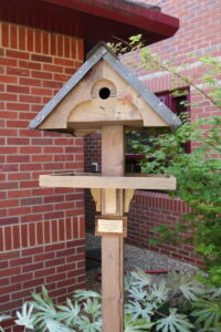 A bird table in the Cherry Tree garden