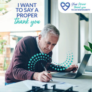 Man writing with the text 'I want to say a proper thank you'