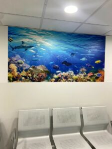 A wall mural showing an underwater image with fish and corals