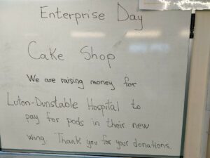Enterprise Day white board with information on raising money