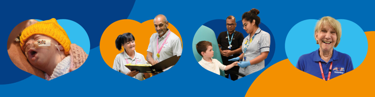 Image of a baby, image of two volunteers looking at a book, two members of staff talking to a child patient and a volunteer smiling to the camera