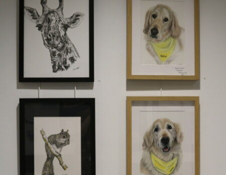 Artwork of a giraffe, squirrel and therapy dog