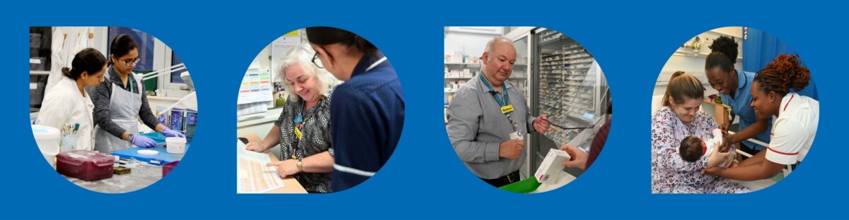 Image of two people in the lab, image of a lady pointing to a piece of paper, image of a pharmacist looking at a box of tablets and two people helping a mother and baby in hospital