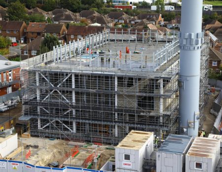 Energy centre upgrades with scaffolding over building