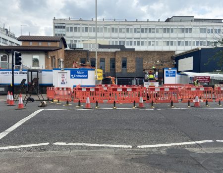 Outside progress picture with road closure