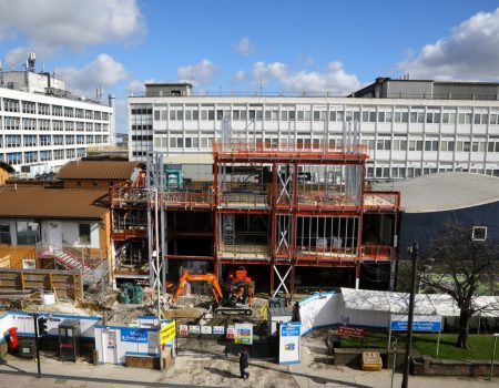External view of the Emergency Department under construction, with steel frame being built