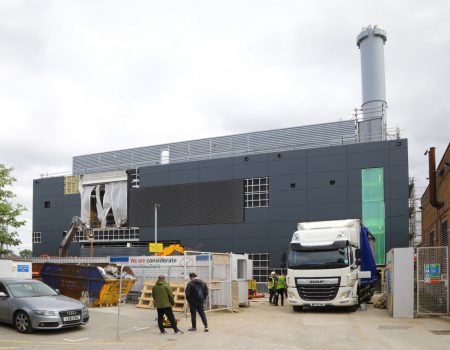 Photo of the energy centre upgrades with trucks