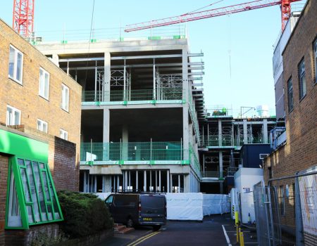 Acute services and new ward block - Redevelopment seen from front of hospital December 2022