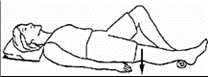 Thigh muscle exercises showing a person lying on their back with one knee bent upwards, showing motion downwards