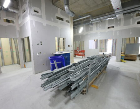 Acute services interior showing building materials ready to be installed - October 2023