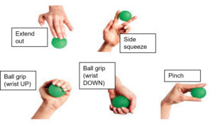 Ball exercises showing: extend out, side squeeze, ball grip (both versions), and pinching