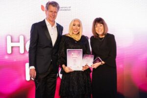 Halimah Isbag with Andrew Castle and Rebecca Bunting at the Luton's Best Awards 2024 cropped