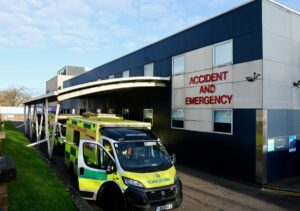 L&D Emergency Department front with ambulances queuing