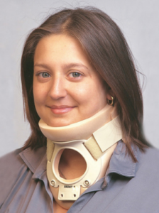 A woman in a neck collar