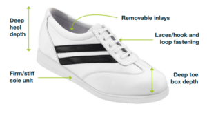 An example shoe showing deep heel, removable inlays, stiff sole, deep toe box, and hook and fastening laces