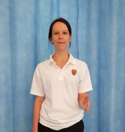 Person with their arm bent at the elbow, hand pointing forward